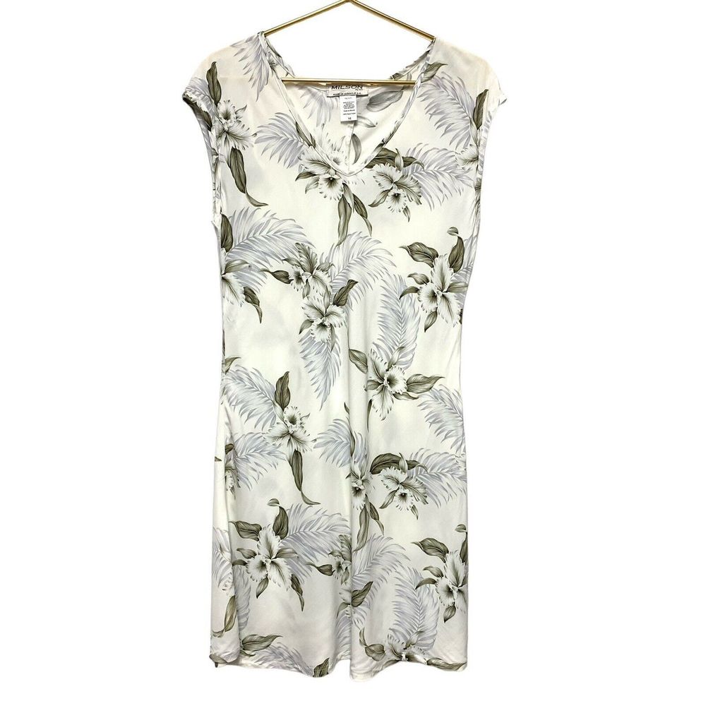 Ky's Hawaiian Midi Dress Size Medium Cap Sleeve White Floral Beach Wedding Aloha